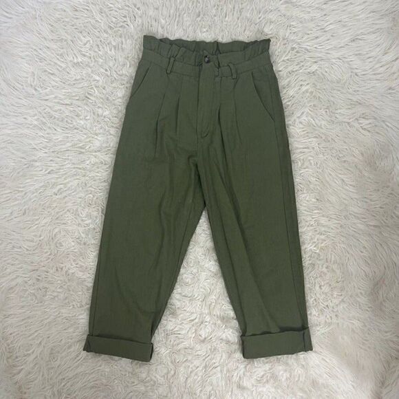 7 For All Mankind Pants - 7 For All Mankind Womens Army Green Paperbag Waist Wide Leg Pants Trousers Med